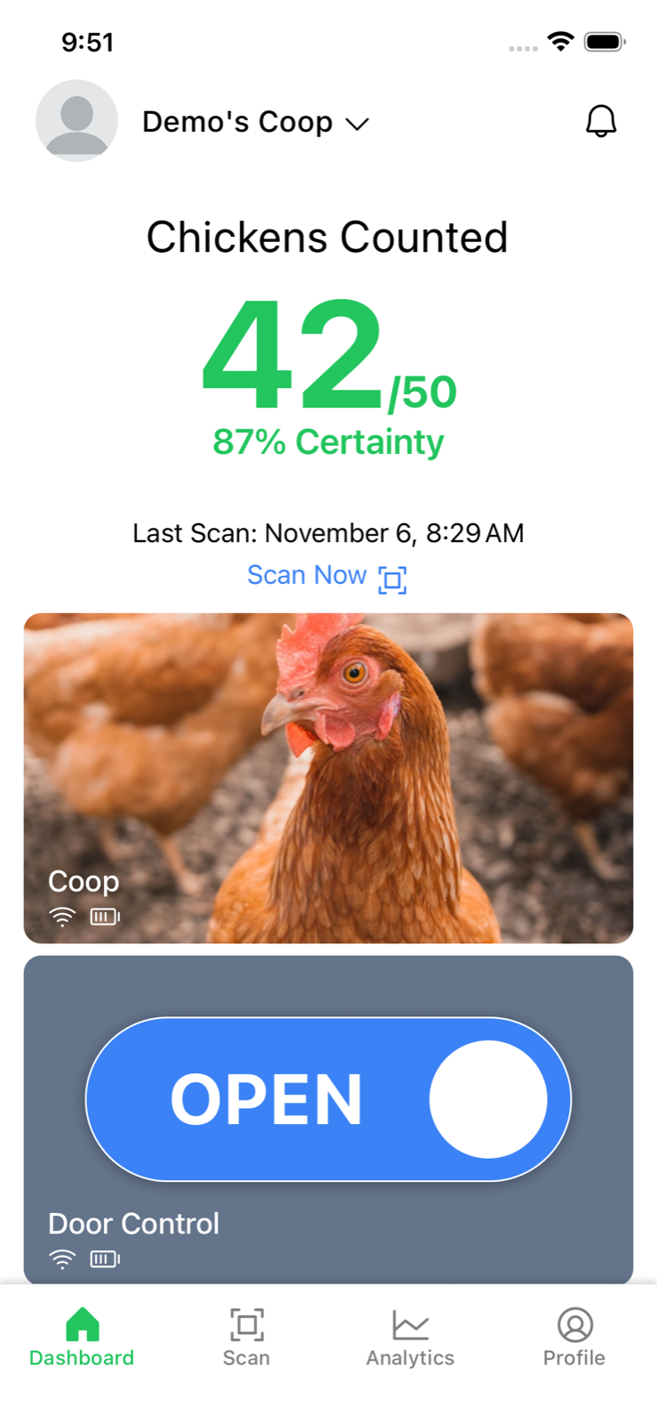Mobile app dashboard showing chicken count of 42 out of 50, AI certainty 87%, and door control